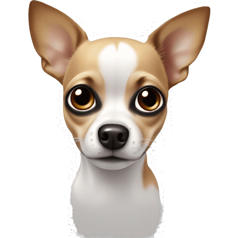 Chihuahua with a white body, black ears, brown splotches can next to his big eyes but a white part down the middle of its head to its nose  emoji