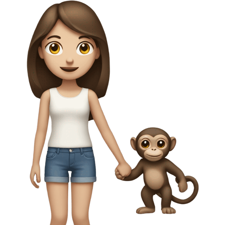 Pale brunette girl holding hands with a monkey emoji