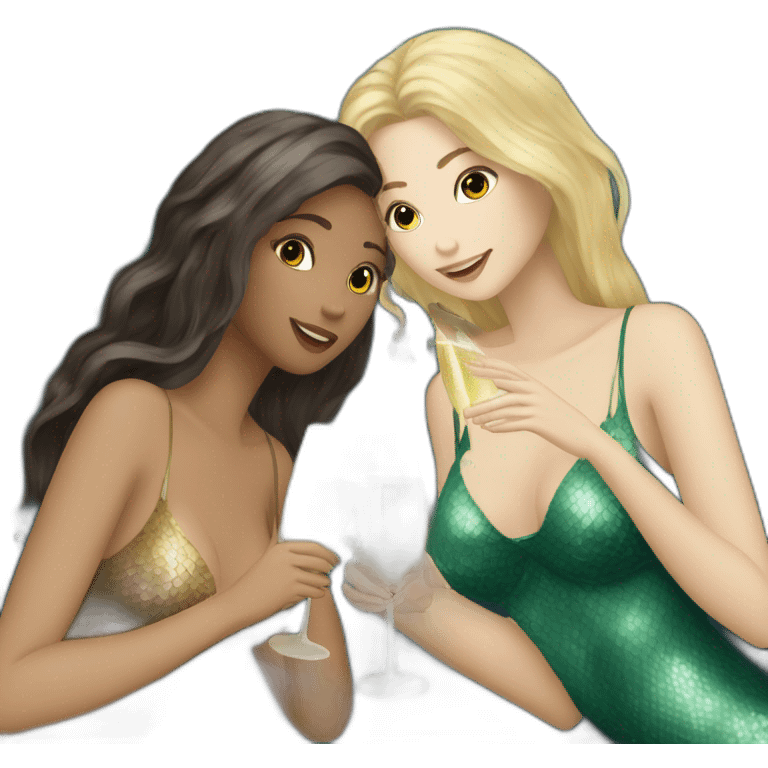 Three beautiful mermaids (two brown hair and blond one) drinking prosecco emoji