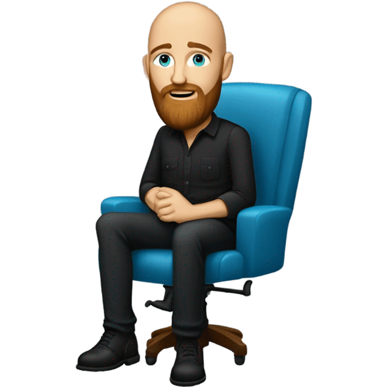 Bald, Caucasian, sky-blue-eyed, Psychotherapist in a modern colorful chair. He has a brown full beard and he’s Wearing a black dress shirt with a subtle pattern, blue jeans and black Chelsea boots with his legs separted leaning forward  emoji