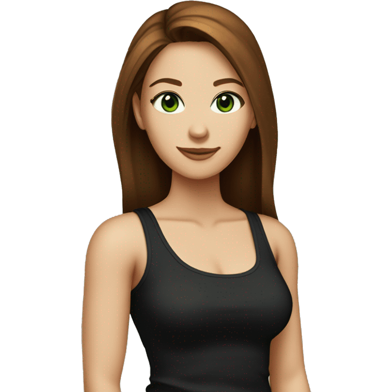 Attractive woman with butt-long chestnut-brown hair and dark green eyes wearing a black tank top emoji