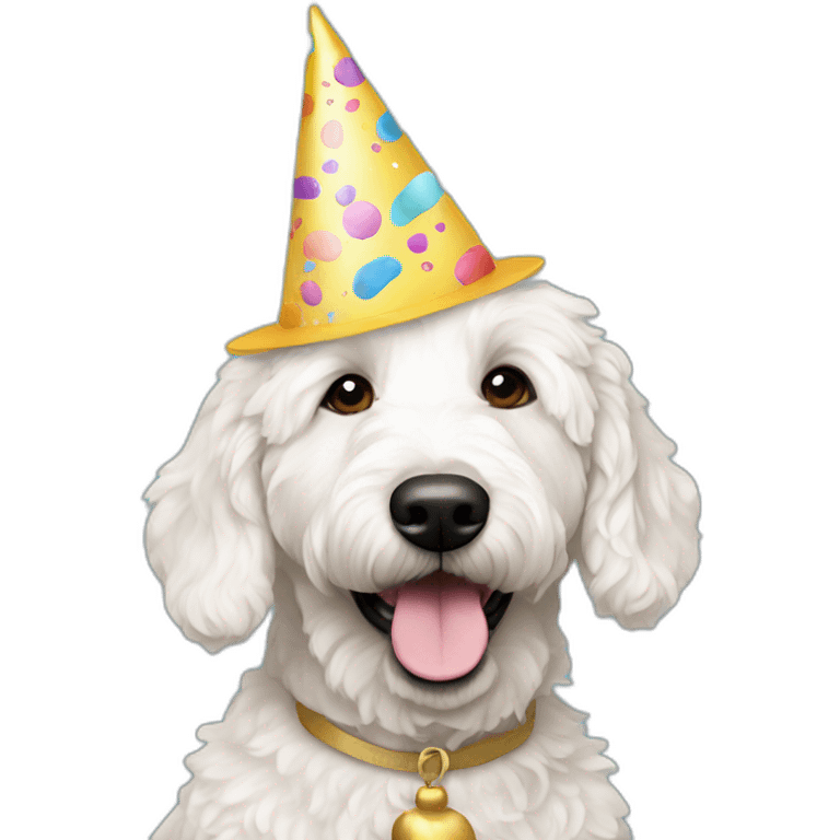 White golden doodle wearing birthday hat emoji