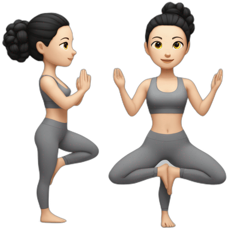 Pale skinned fit woman In a gray tight yoga suit and wristbands With black hair in a bun doing yoga emoji