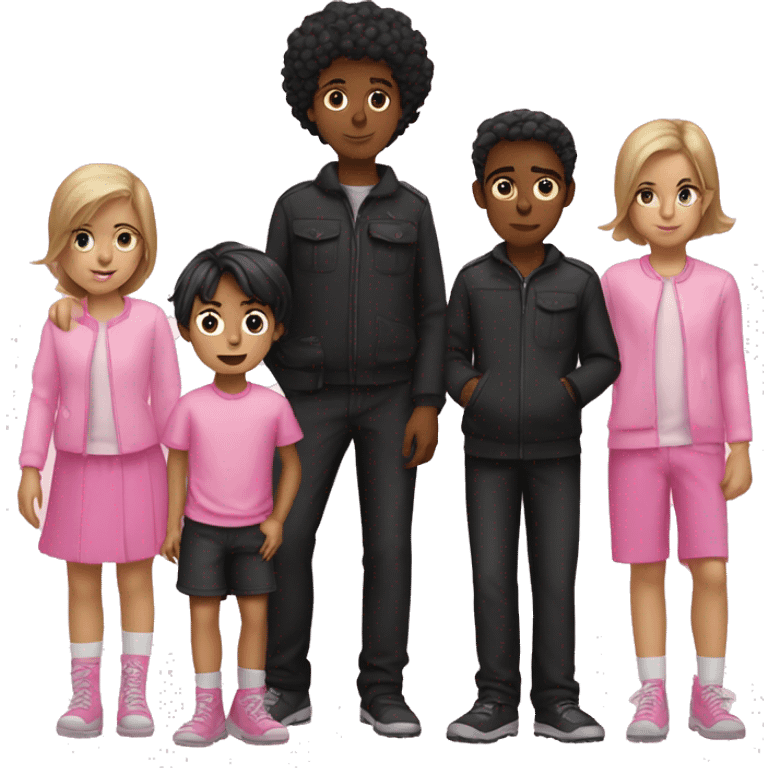  two boy wearing pink and a girl standing between boys in black out fits. emoji