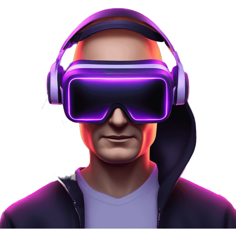 Vladimir Putin wearing a black hoodie with "OMG" letters on it and VR headset oculus quest 2 in a cyberpunk VR environment with violet neon lighting. emoji