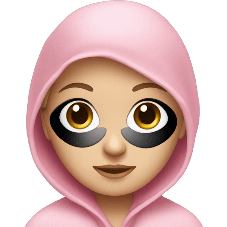 White girl blue eyes with eye patches and a towel on head wearing a pink robe emoji