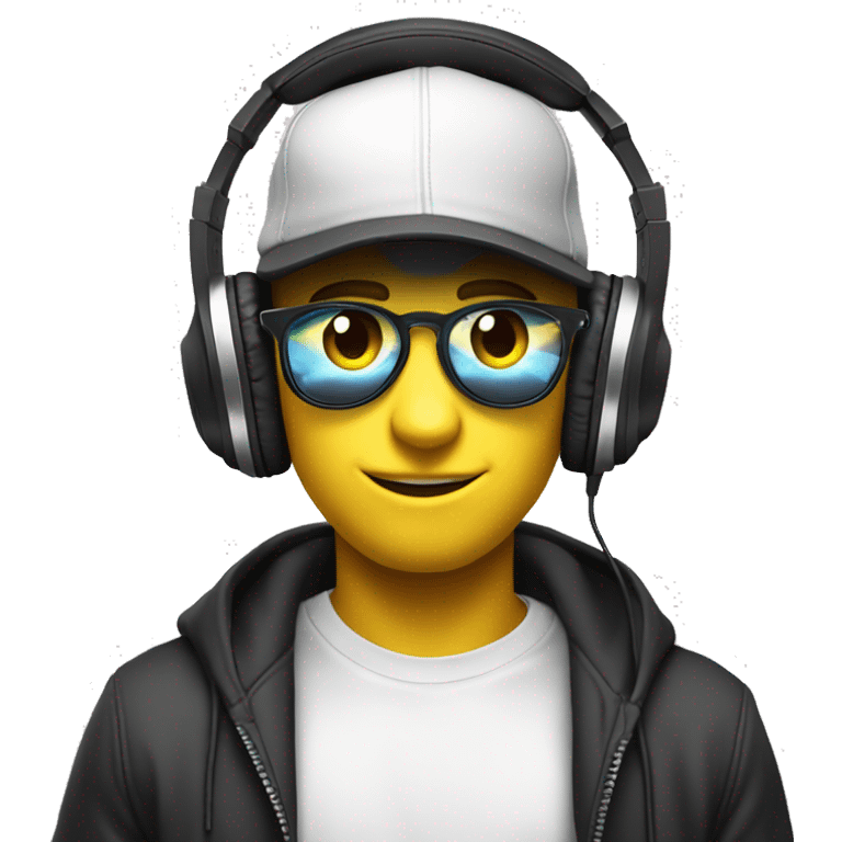 make a yellow circled classic emoji face that has a lot of swag with a snapback hat and headphones on listening to edm and put him on white backgrond, and make sure he is really into what he is listening to emoji