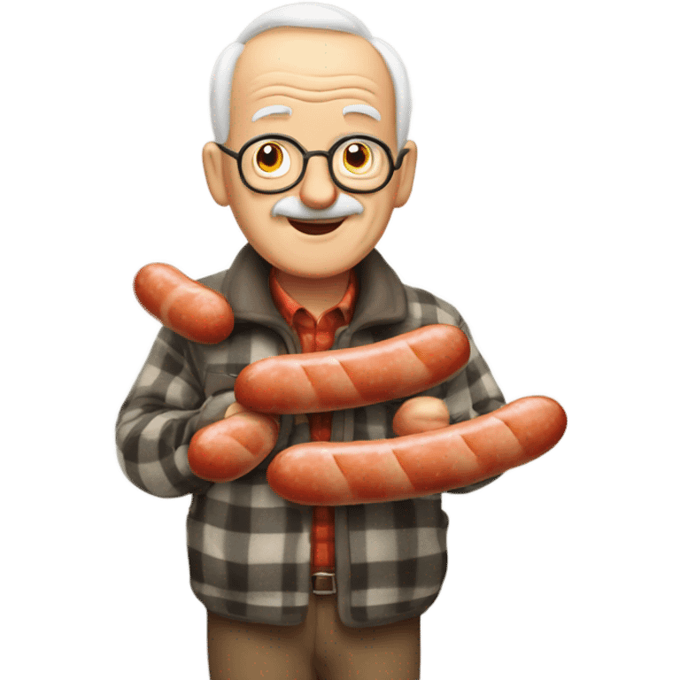 old man outdoors in plaid hanging sausages to dry emoji