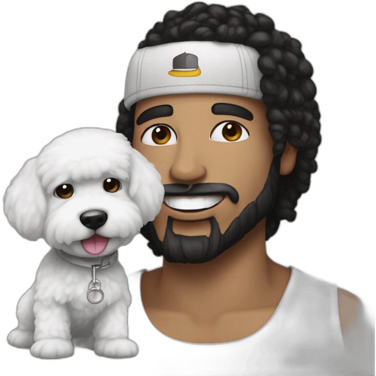 young-rapper-with hoop-white skin-black hair-beard-bichon dog-white-smile emoji