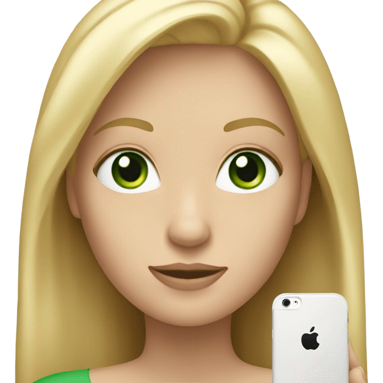 Long hair blonde with green eyes holding up iPhone emoji