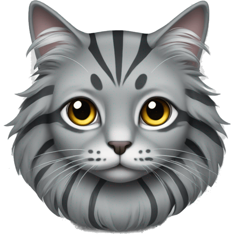 Long haired grey cat with dark grey stripes sitting emoji