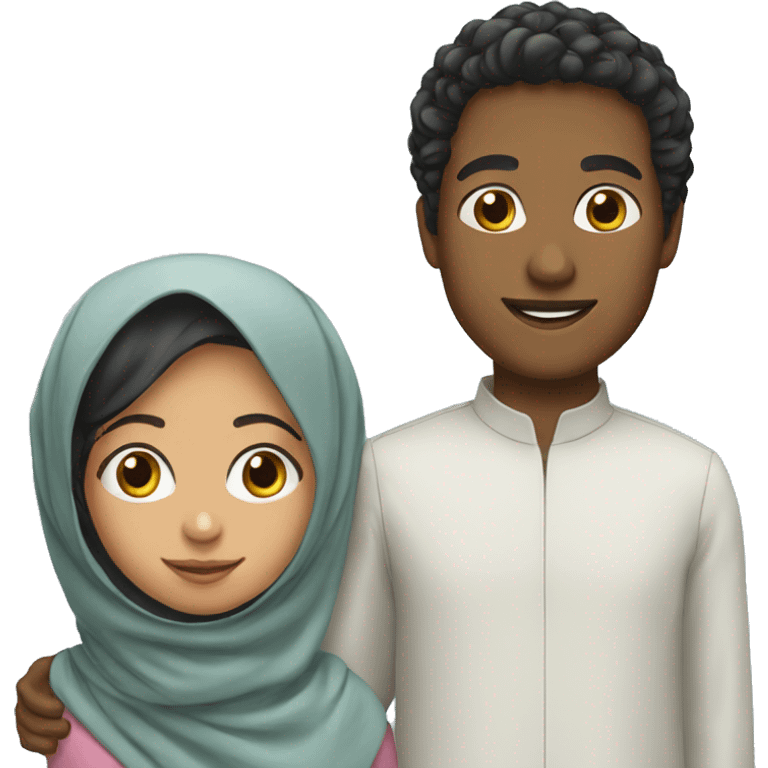 Young boy with curly black hairs with her wife wear a hijab  emoji