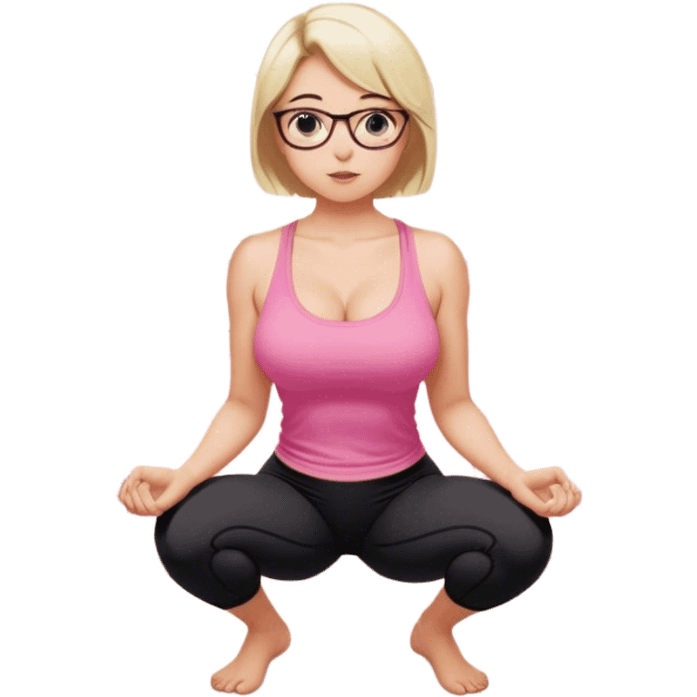 view from quarter angle, fair skinned woman, thick milf, short blond hair, small reading glasses, squatting down in kitchen, pink loose tank top, showing natural B cup breast shape SFW, black yoga pants, large curvy booty emoji