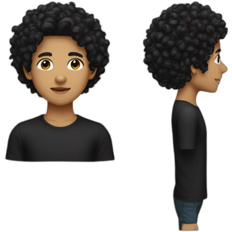 a boy with a black curly hair weaering a mask and wearing a black shirt emoji