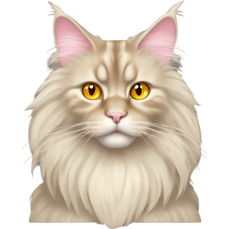 A cream-colored Maine Coon with long, fluffy fur, striking yellow-orange eyes, a pink nose, and a regal, serious expression. emoji