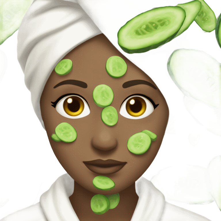 White girl with Brown hair and blue eyes wears a Green colored skincare clay textured mask and puts on cucumbers around her eyes while She relaxes in her white Robe emoji