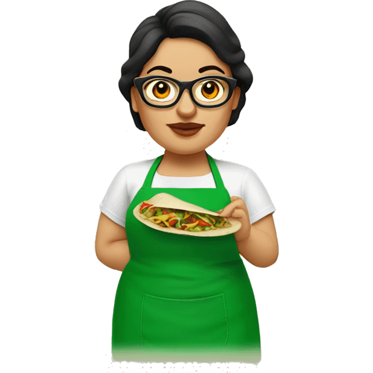 mexican chubby lady green apron  with glasses cooking tacos emoji