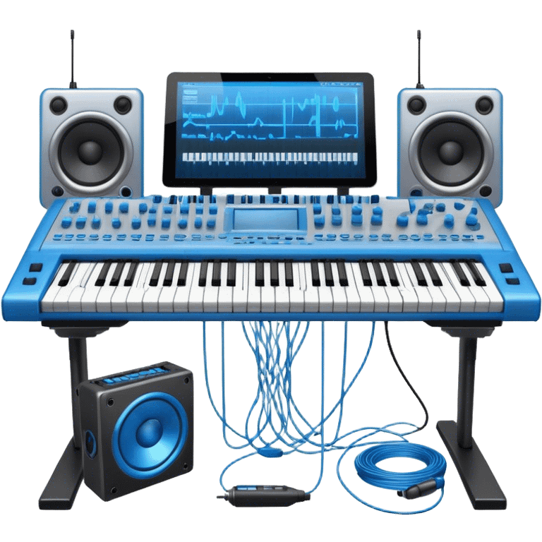 Create a professional and detailed emoji that represents sound design. The design should feature a high-end studio synthesizer (like the Korg), a sound mixing console with visible wires, large studio speakers, and a microphone to symbolize the essential equipment in sound design. Add musical note waves flowing around the equipment to emphasize the connection between sound creation and musical composition. Use sleek, modern colors like black, silver, and neon blue to represent the professional and futuristic nature of sound design. The background should be transparent. emoji