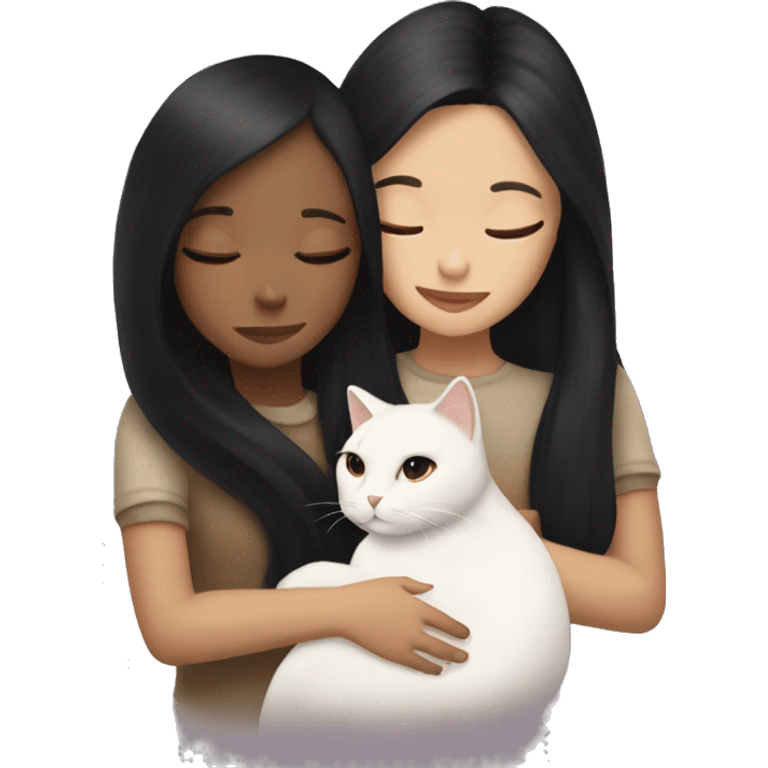 girl with very long black hair and light brown skin hugging a white cat emoji