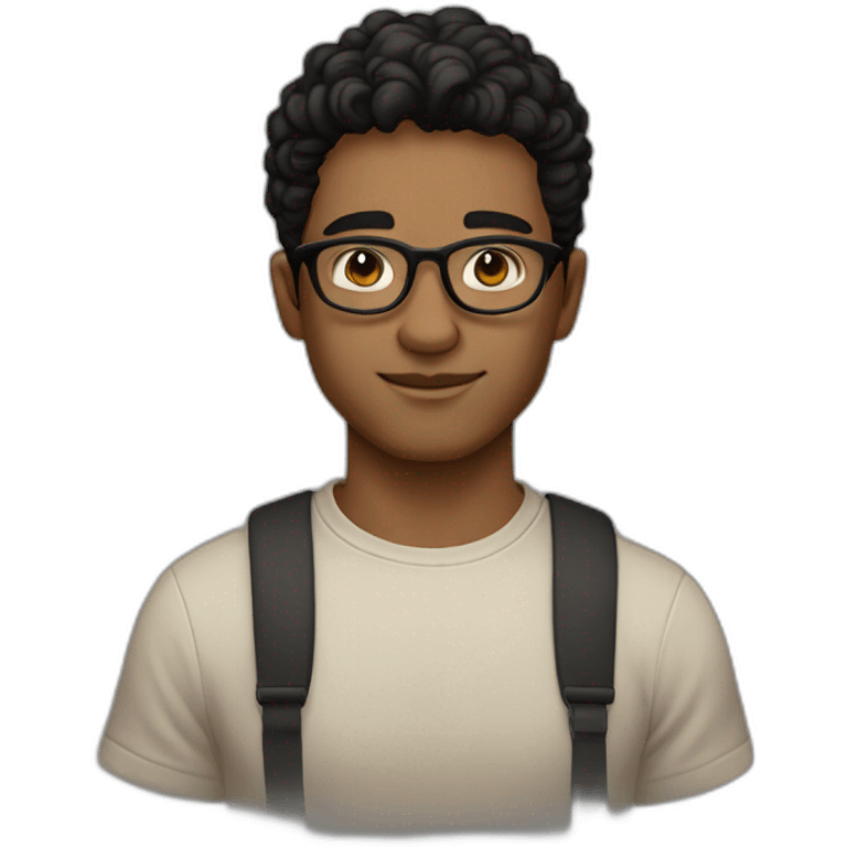 Light Brown guy, black wavy hair, no facial hair, transparent round glasses, black t shirt emoji