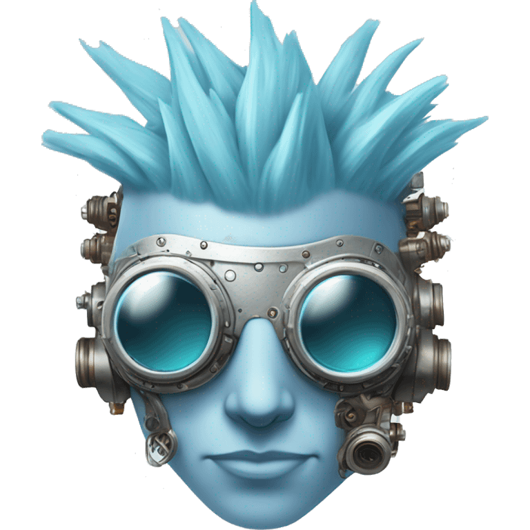 Pastel blue Mohawk cyborg head with silver steampunk goggles, goatee and circuits emoji