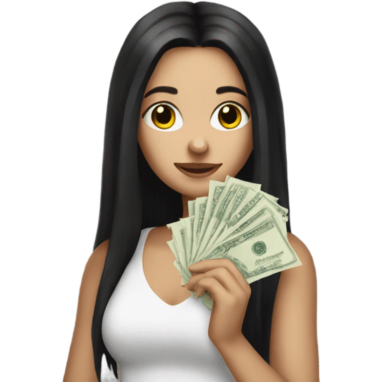 White girl with long black hair holding money money emoji