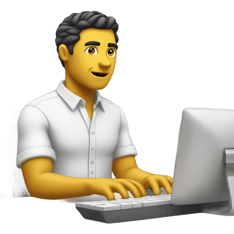 yellow skin man typing on white keyboard on desk wearing white button down shirt front view emoji