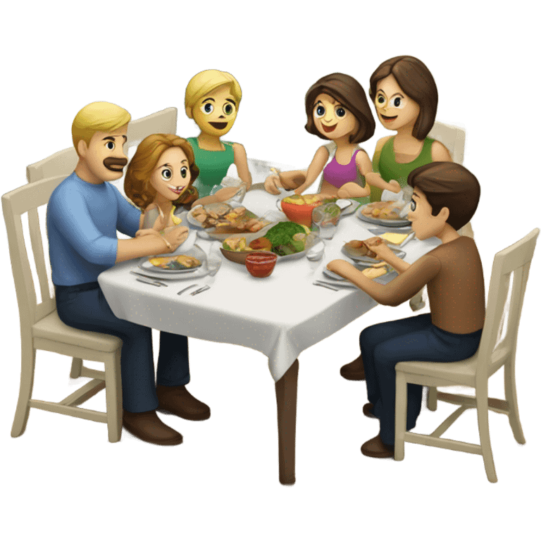 Caucasian family of 8 eating dinner around table emoji