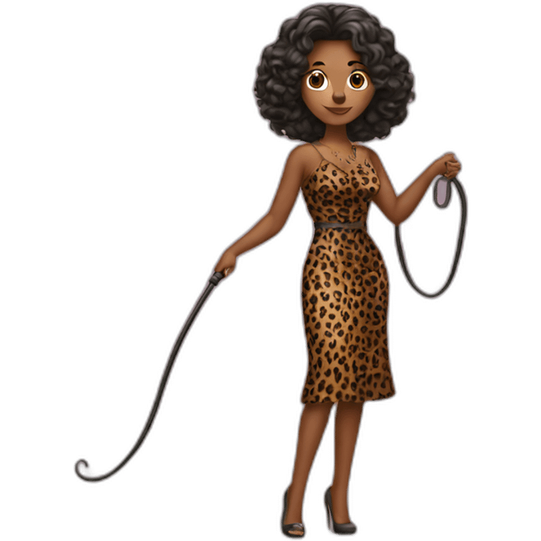 Woman in loepard dress with a whip emoji