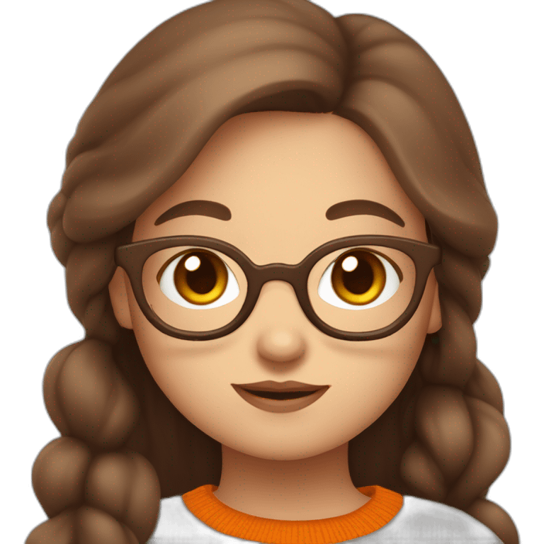 cute chubby girl with light grey glasses with long brown hair waving wearing a dark orange sweater emoji