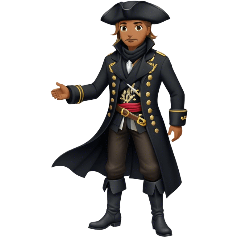 A confident pirate captain in a tailored black coat with silver embroidery, black boots, and a windswept black scarf. emoji