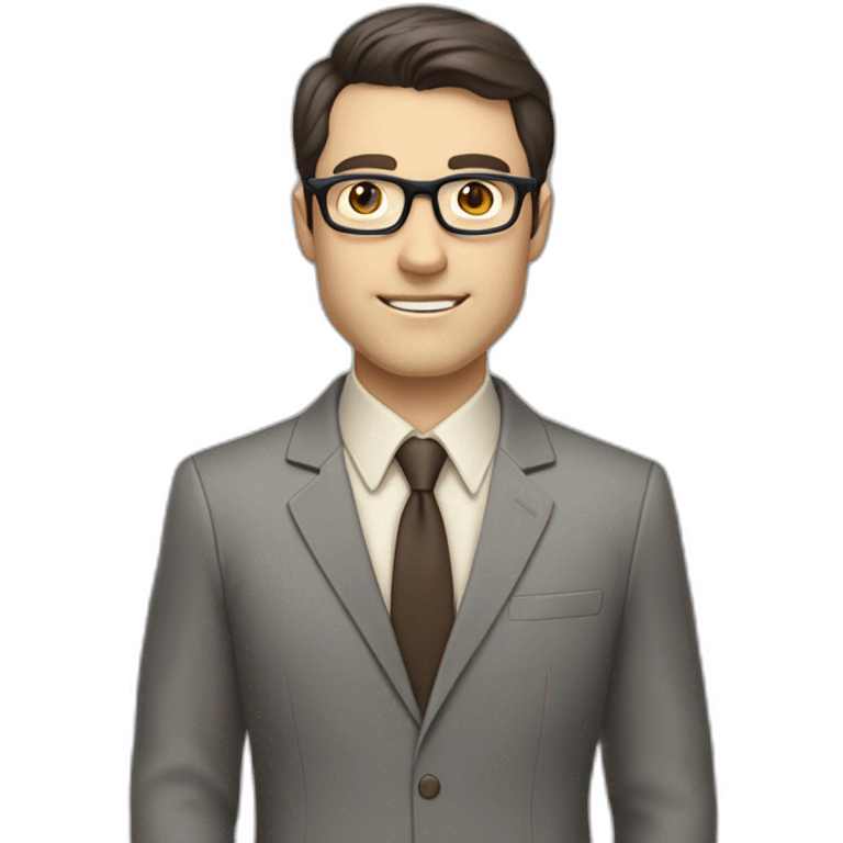 Full height Pale skinned Fit Man With dark brown hair in classic gray suit, beige office shirt, dark gray tie, and vintage glasses. His right hand is directed up emoji