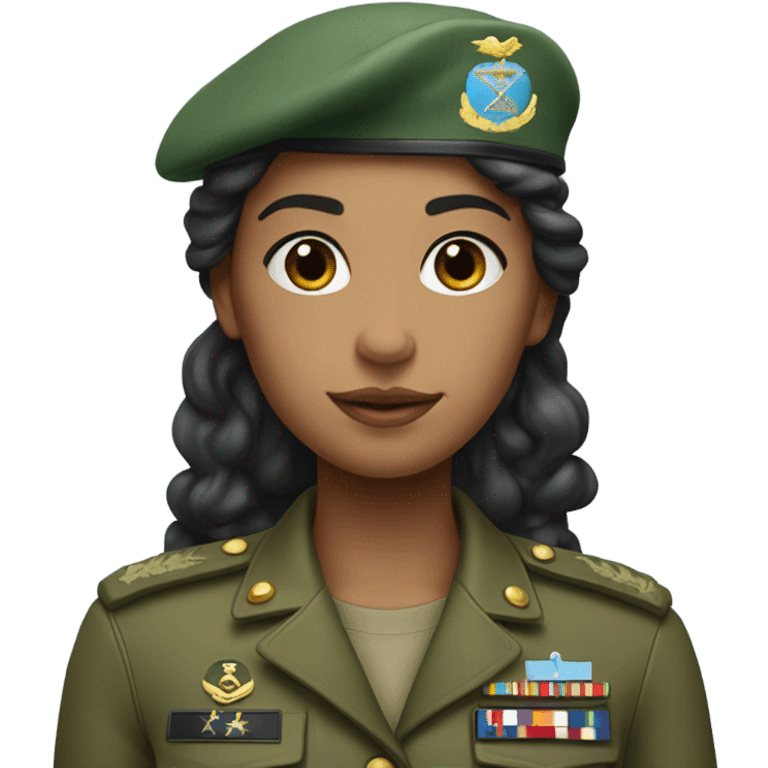 A girl with long curly dark hair wearing a green military uniform and a light blue beret on her head emoji