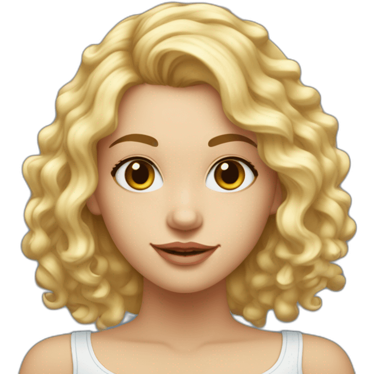 Fille blonde ,cheveux bouclé détaché et pas coiffé  long jusque au millieu du dos et volumineux,teint blanc , yeux bleu visage un peu carré emoji