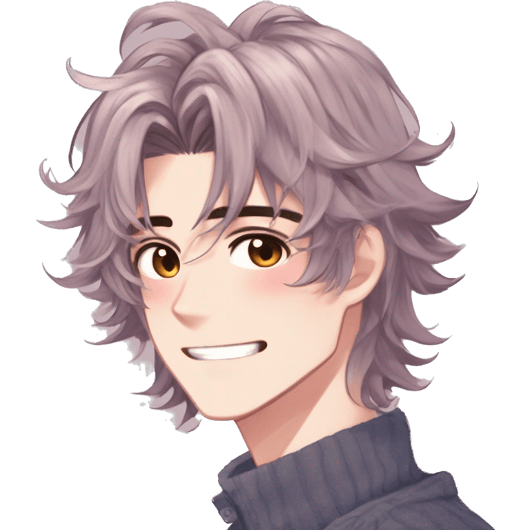 Gorgeous romantic hot attractive anime style modern anime shojo guy with pretty medium-long messy hair and colorful eyes and blushing face aesthetic trending style  pastelcore cottagecore kawaiicore emoji