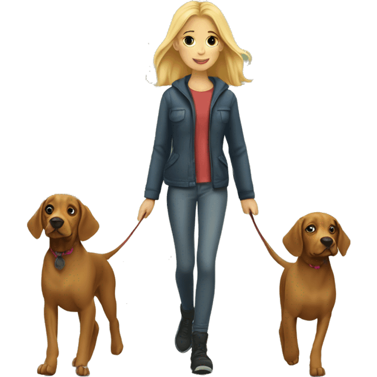 Pretty Blonde girl walking two vizslas emoji