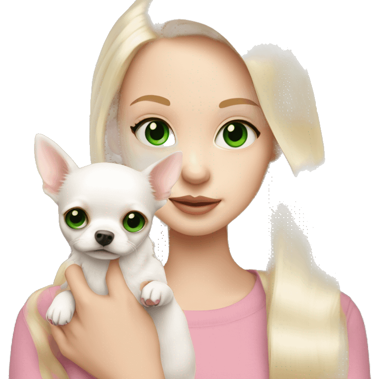 pale blond girl with long platinum hair with green eyes holding a white chihuahua puppy that wearing a pink bow emoji