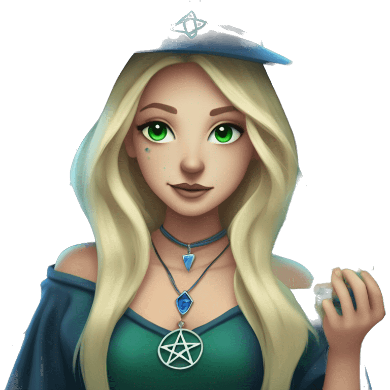 blonde witch girl with green eyes and straight hair with a birthmark above her upper lip wearing a necklace in a form of pentacle with a small blue stone inside doing tarot spread  emoji