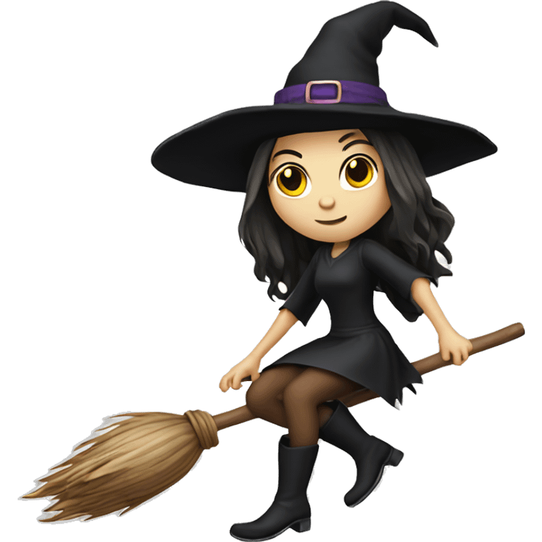 witch on a broom dark long hair white skin emoji