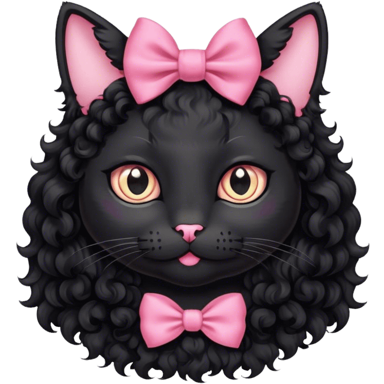 Black cat with black curly hair and a pink bow emoji