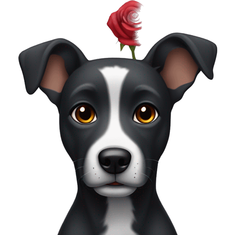 Short haired black dog with rose ears, greying muzzle and eyebrows, and brown eyes  emoji