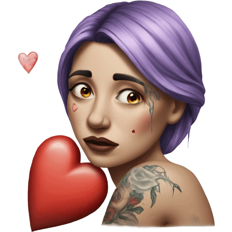 Hyper Realistic Beautiful tattooed woman crying holding a broken heart cushion emoji