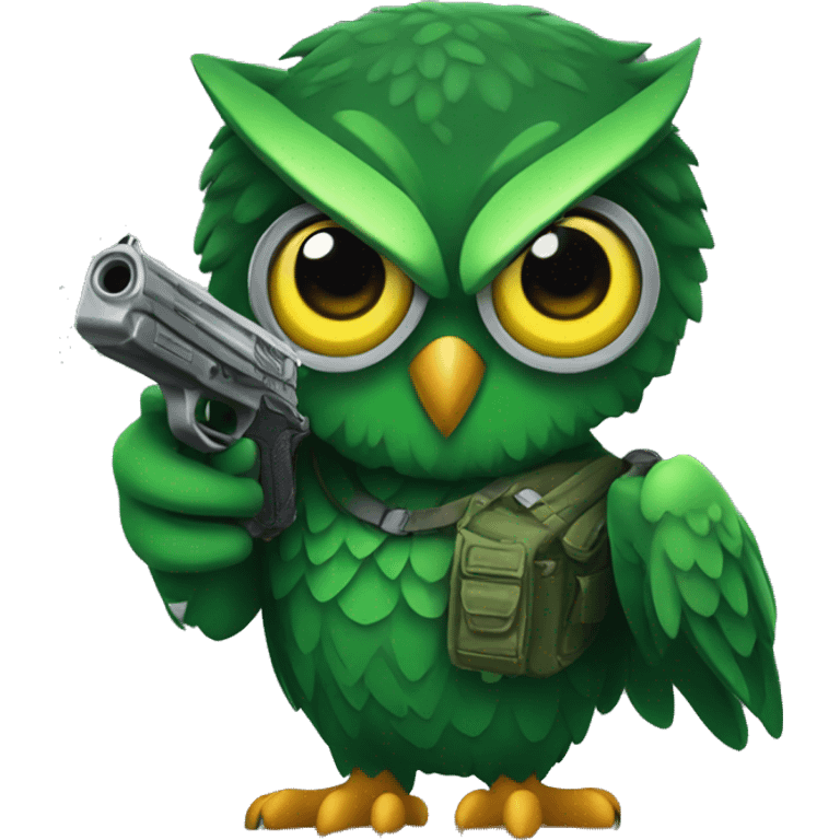 Green owl with gun emoji