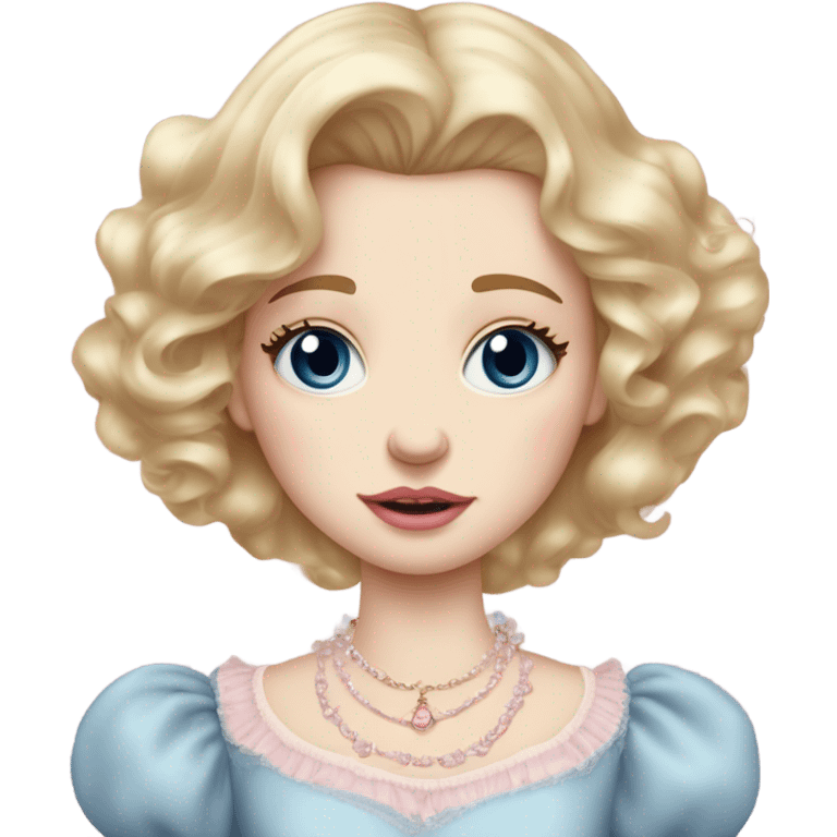 Crying girl with blonde hair pale skin blue eyes. Pink lips blush (but not too much). Vintage blowout with long hair not too curly.  light pink princess dress, puffed sleeves, dainty choker necklace (think Versailles but not too much).  emoji