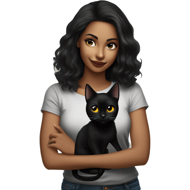 black cat hanging on beautiful black haired woman shirt emoji