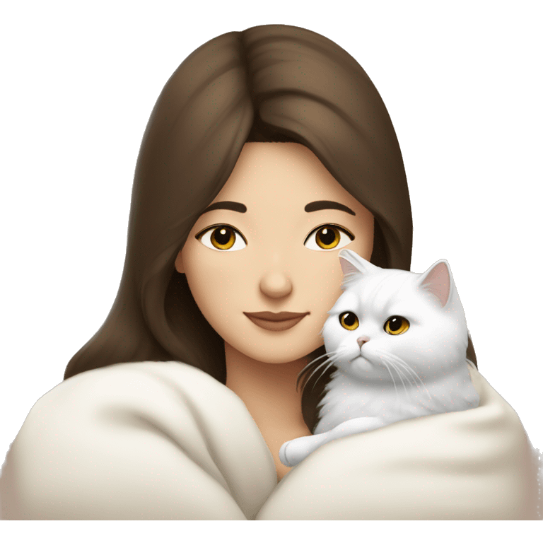 Brunette woman snuggling white Persian cat emoji