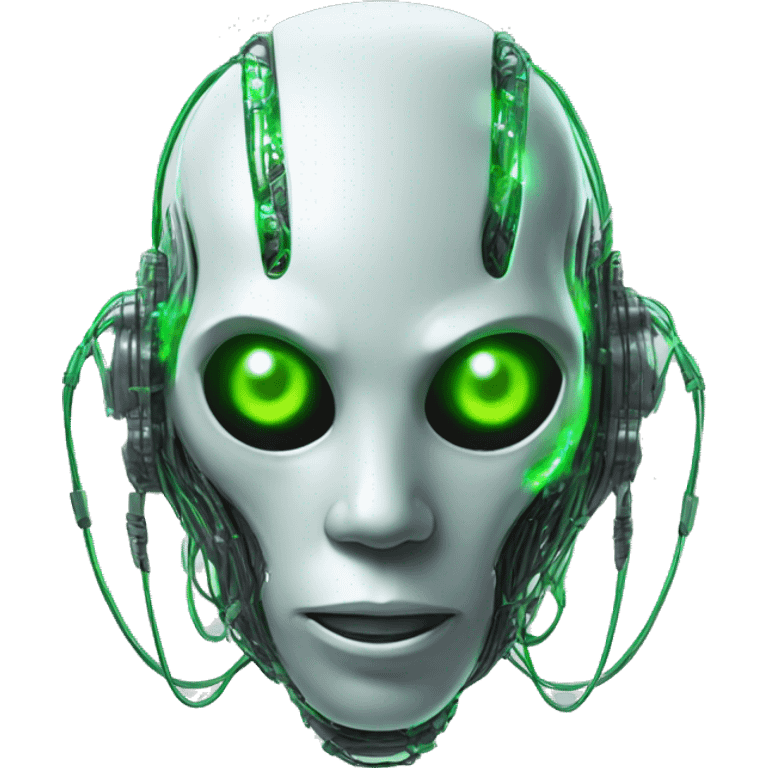 Round Alien cyborg head with glowing wires and green eyes  emoji