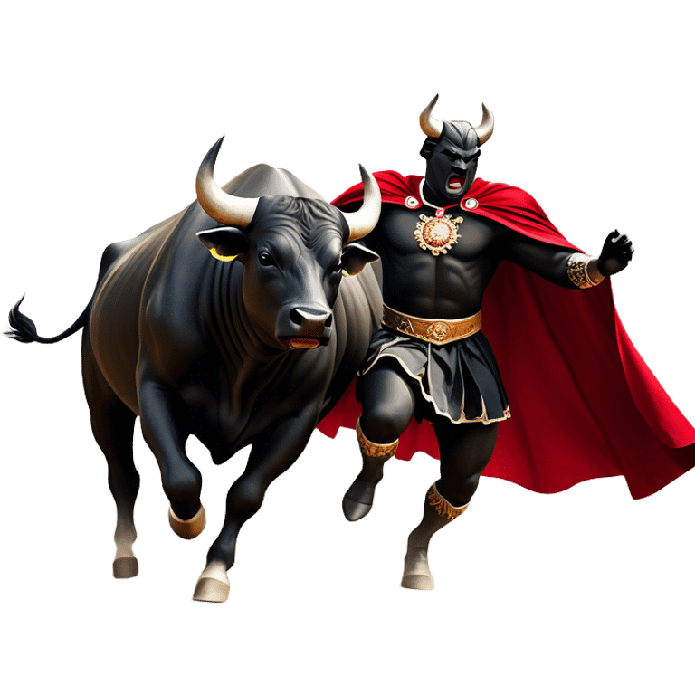 ​Cinematic Realistic black charging bull, against a matador depicted in a flowing red cape, captured in the dramatic moment of confronting a charging bull in a traditional bullring, rendered with dynamic motion and dramatic lighting that encapsulates the intensity and artistry of the spectacle, emoji