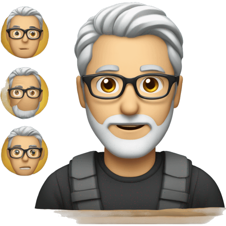 middle age man, blue photo, grey hair, short, black rectangle frame glasses, light beard emoji