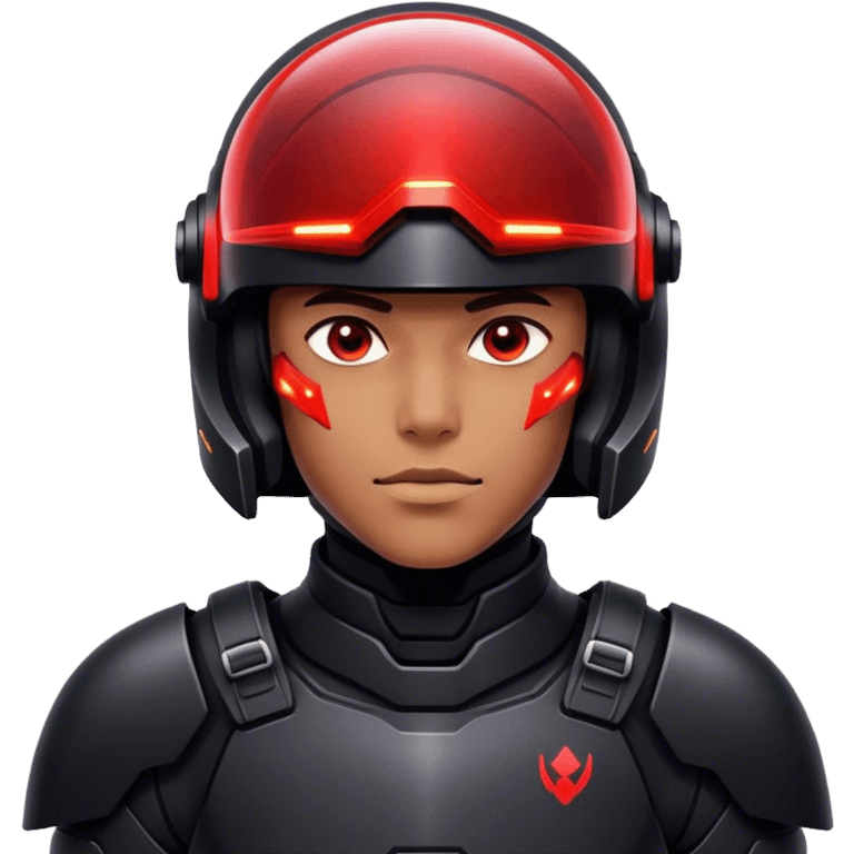 A futuristic soldier in sleek black armor, red LED lights reflecting on his visor. emoji